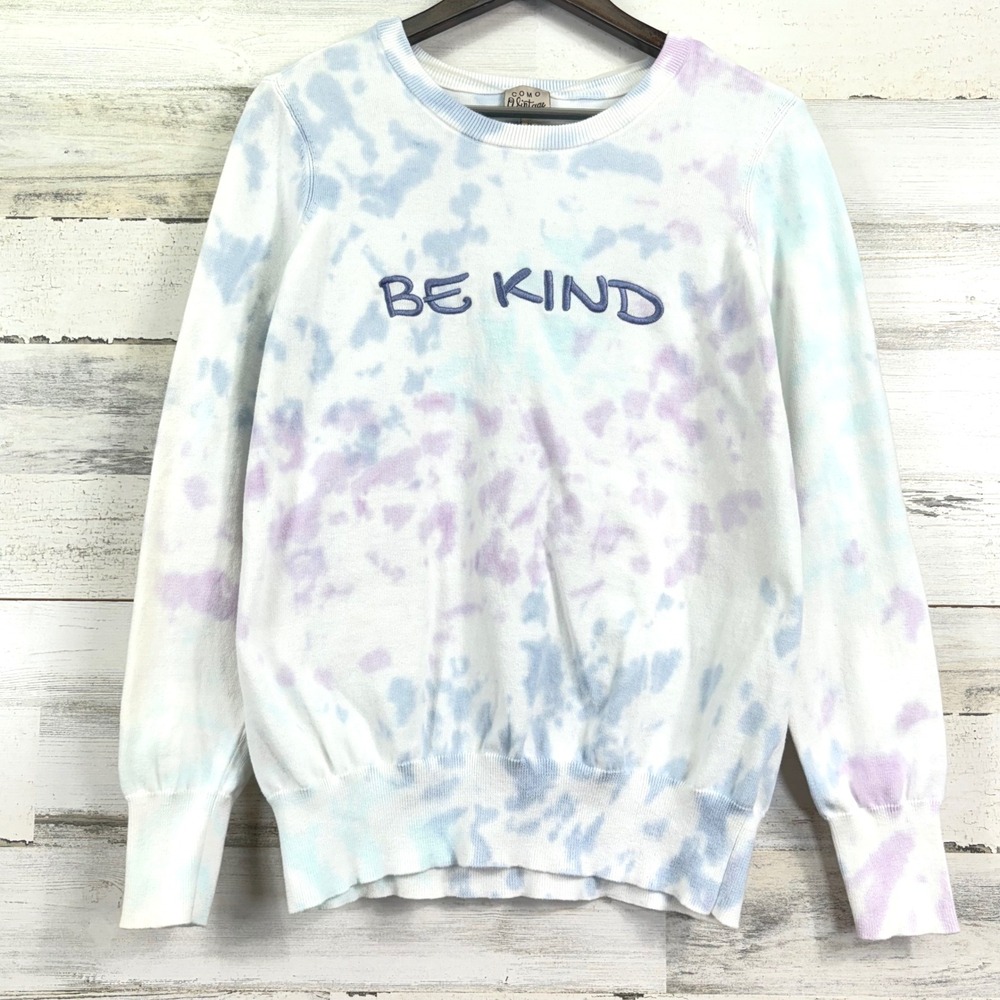 COMO VINTAGE Tie Dye Crewneck Sweater BE KIND Embroidered Blue Purple Pastel M